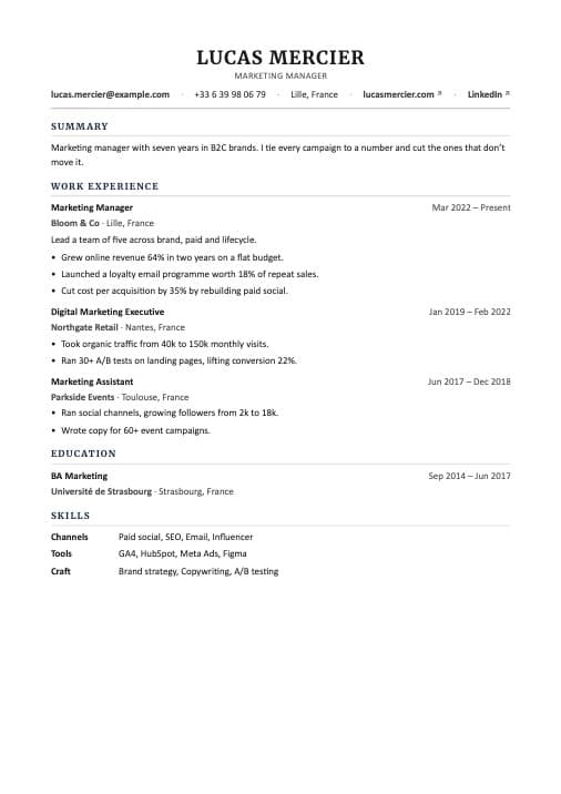 A CV in the Executive layout, made by SikerCV.
